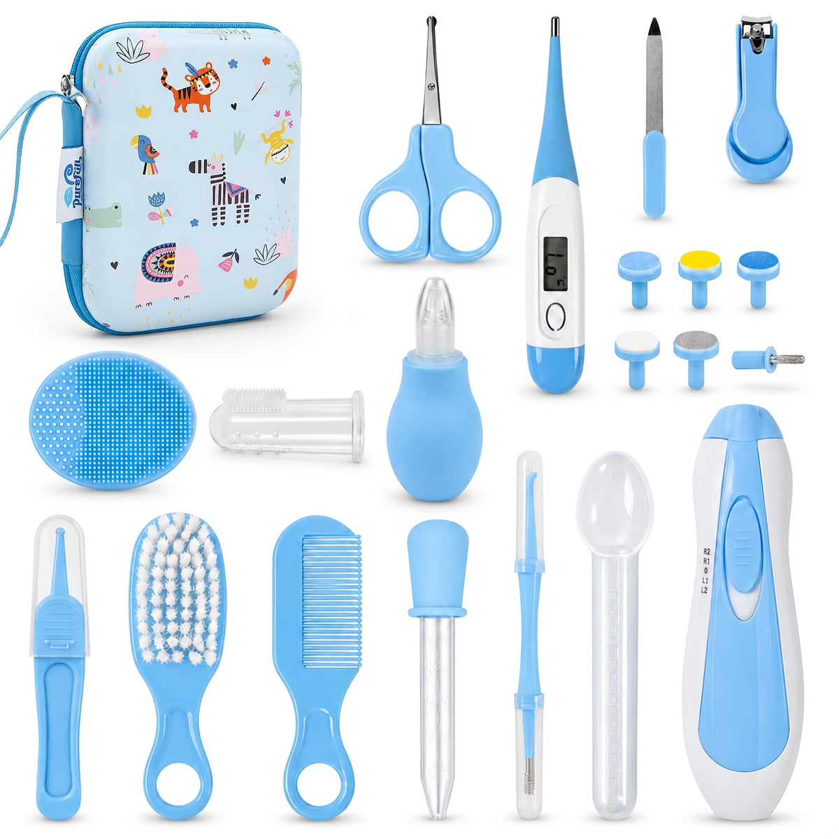 Infant Daily Care Kit 20-in-1 with Nail Clipper, Nasal Aspirator, Hair Brush and Comb, Baby Grooming Essentials with Zippered Case in Pink or Blue