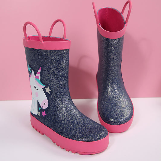 Pull-Handle Kids Rain Boots in PVC, Rainbow Unicorn and Other Color Options with Cartoon Details and Anti-Slip Sole for Toddler to Big Kid Rainy-Day Outings