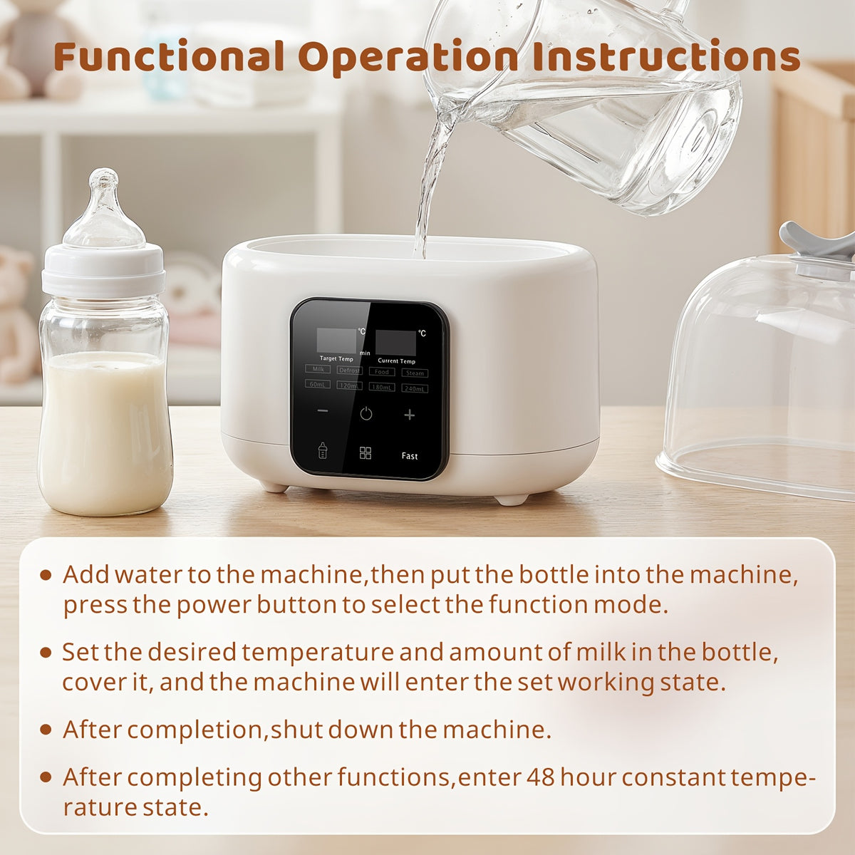 Digital Baby Bottle Warmer 6-in-1 with Timer and Adjustable Temperature, White Countertop Milk Heater with Defrost, Keep Warm and Food Jar Warming