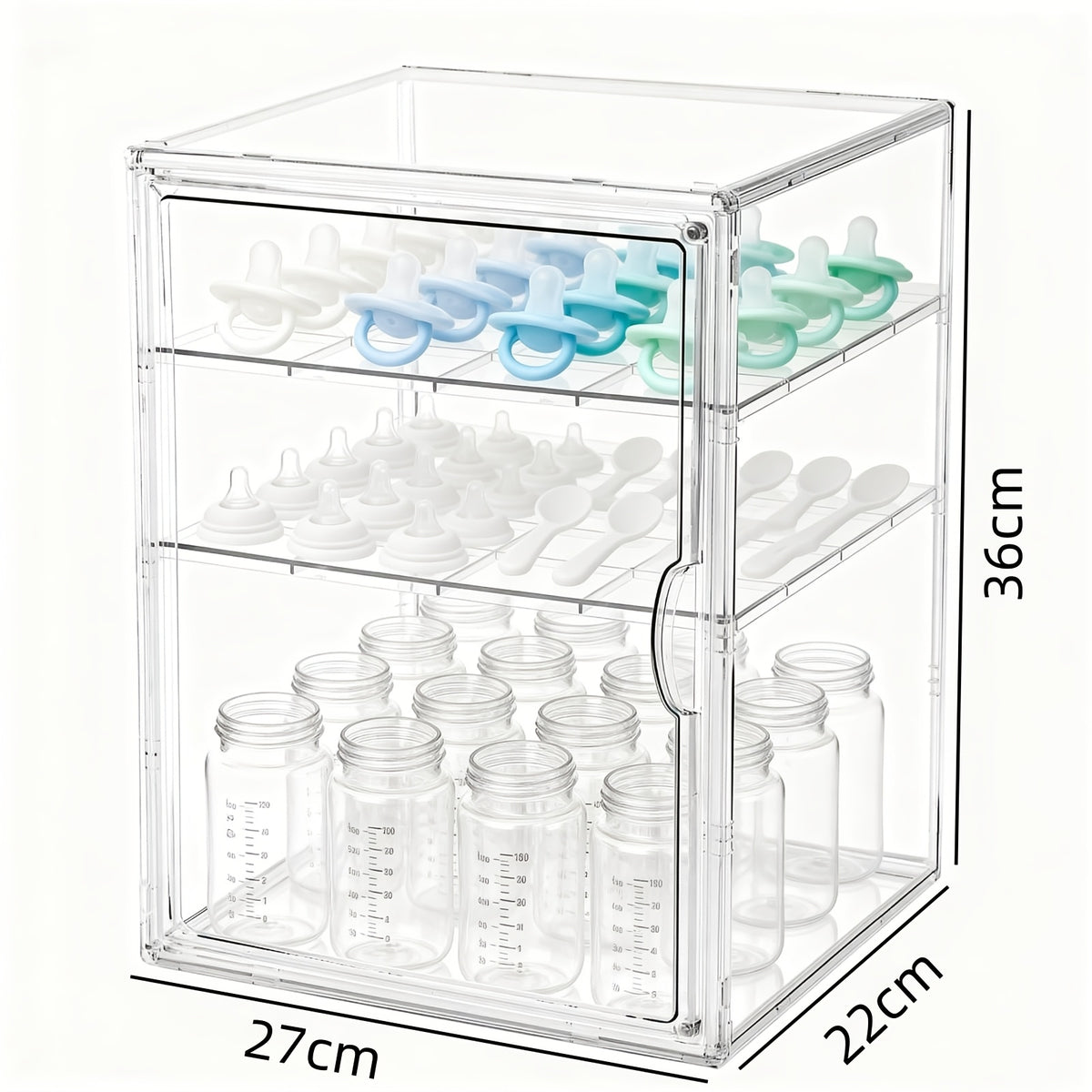 Clear Baby Bottle Storage Organizer with Covered Access and Divided Shelves, Small or Large Feeding Supply Storage Box for Countertop Organization