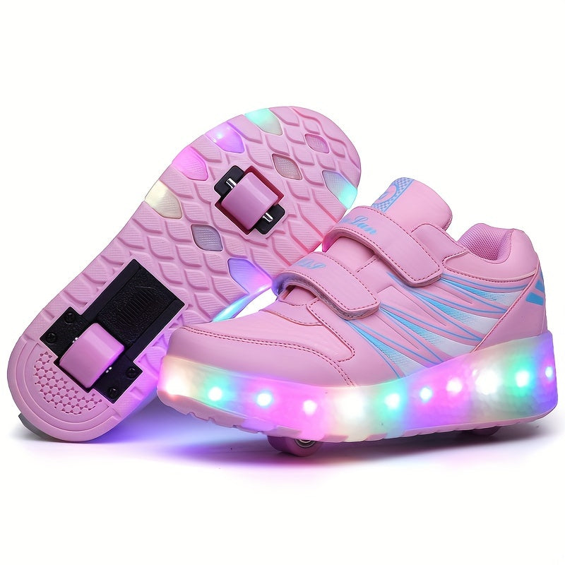 Kids Two-Wheel Roller Shoes with Flashing Lights, Pink Wheeled Sneakers for Boys and Girls in Toddler, Little Kid and Big Kid Sizes