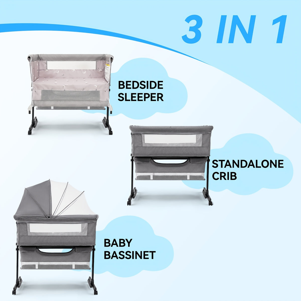 3-in-1 Mesh Bedside Sleeper Bassinet for Baby, Adjustable Infant Crib with Wheels and Storage Basket, 16 lb Frame and 33 lb Listed Infant Weight Limit