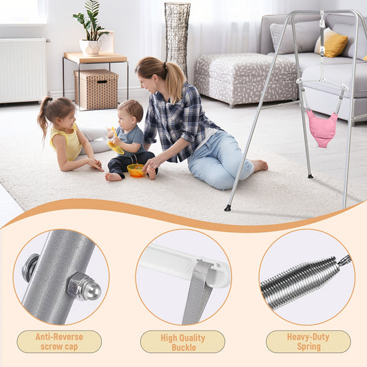 Freestanding Baby Jumper with Adjustable Suspension and Foldable Stand, Detachable Seat Cover in Blue Grey or Pink for Supervised Awake Play