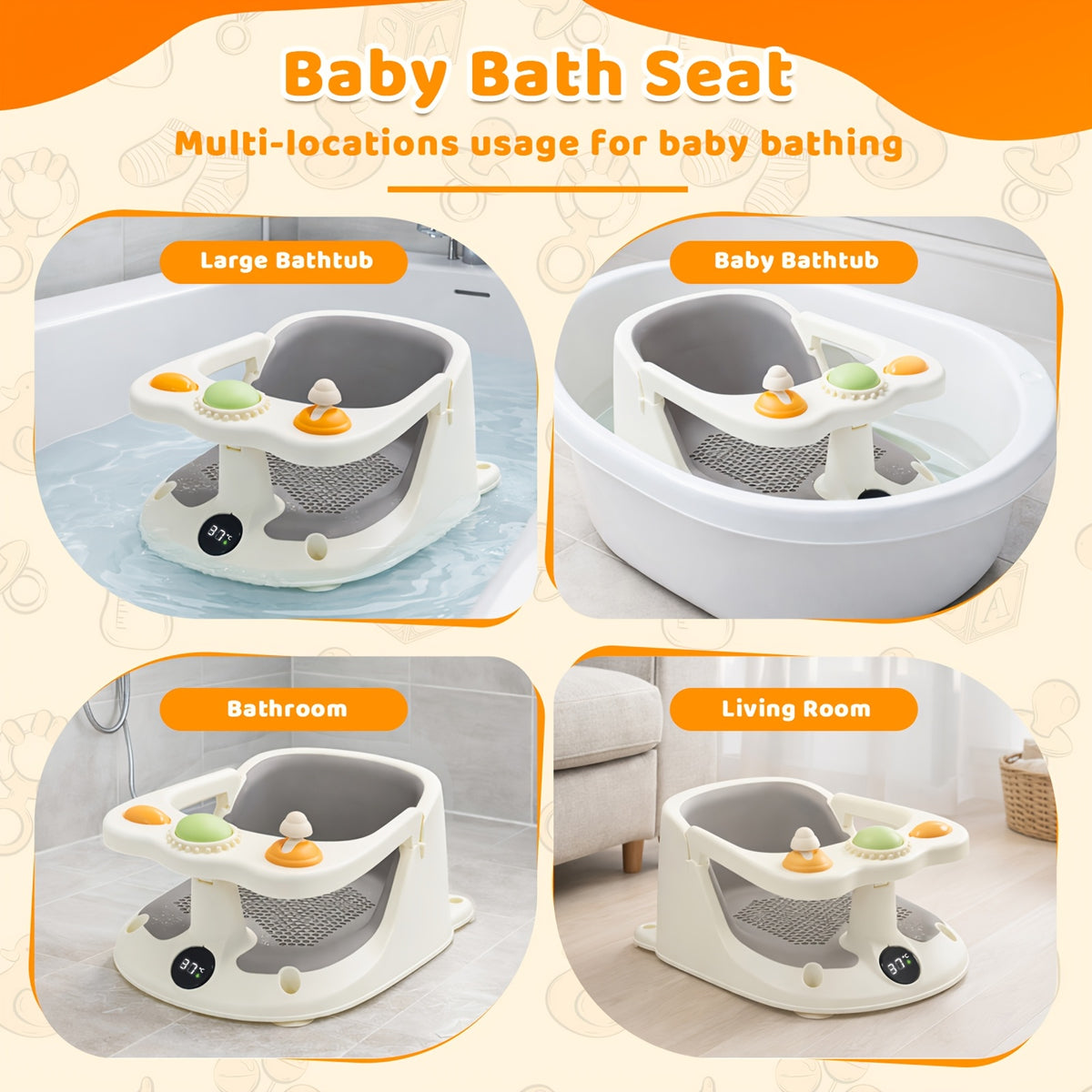 Suction-Cup Toddler Bathtub Seat with Soft Cushion, Non-Slip Baby Bath Chair for Sitting Infants 6 Months and Up During Supervised Bath Time