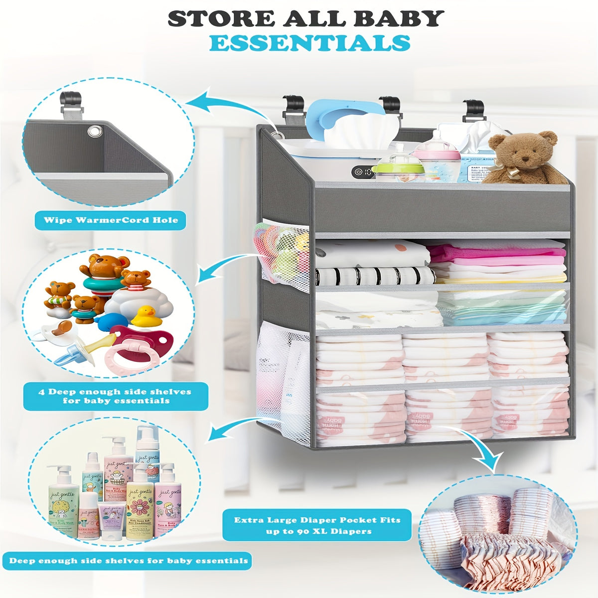 Gray Hanging Diaper Storage Caddy with Multiple Pockets, Nursery Organizer for Changing Supplies and Baby Essentials Beside a Changing Table
