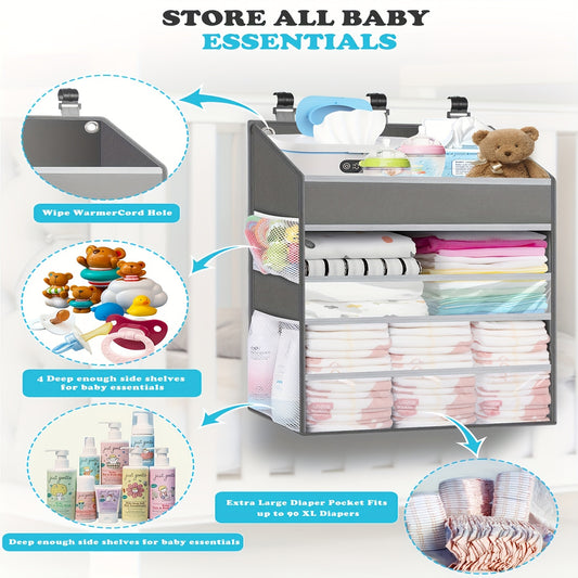 Gray Hanging Diaper Storage Caddy with Multiple Pockets, Nursery Organizer for Changing Supplies and Baby Essentials Beside a Changing Table