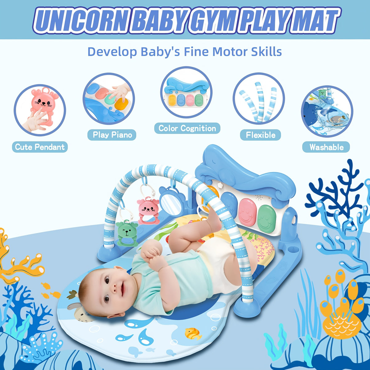 Kick and Play Piano Baby Activity Mat in Blue with Light-Up Keys, 4 Detachable Sensory Toys and Mirror for Newborn Tummy Time and Floor Play