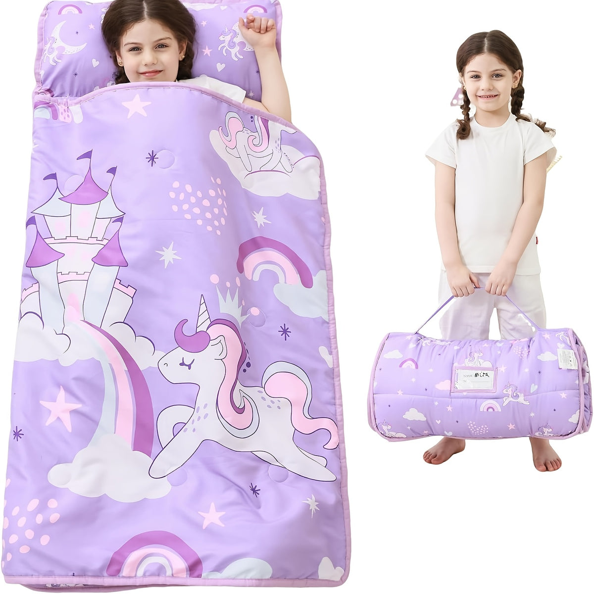 Kids Nap Mat with Pillow and Blanket for Preschool Daycare, Roll-Up Slumber Mat for Boys and Girls, Colorful Prints for Travel and Rest Time