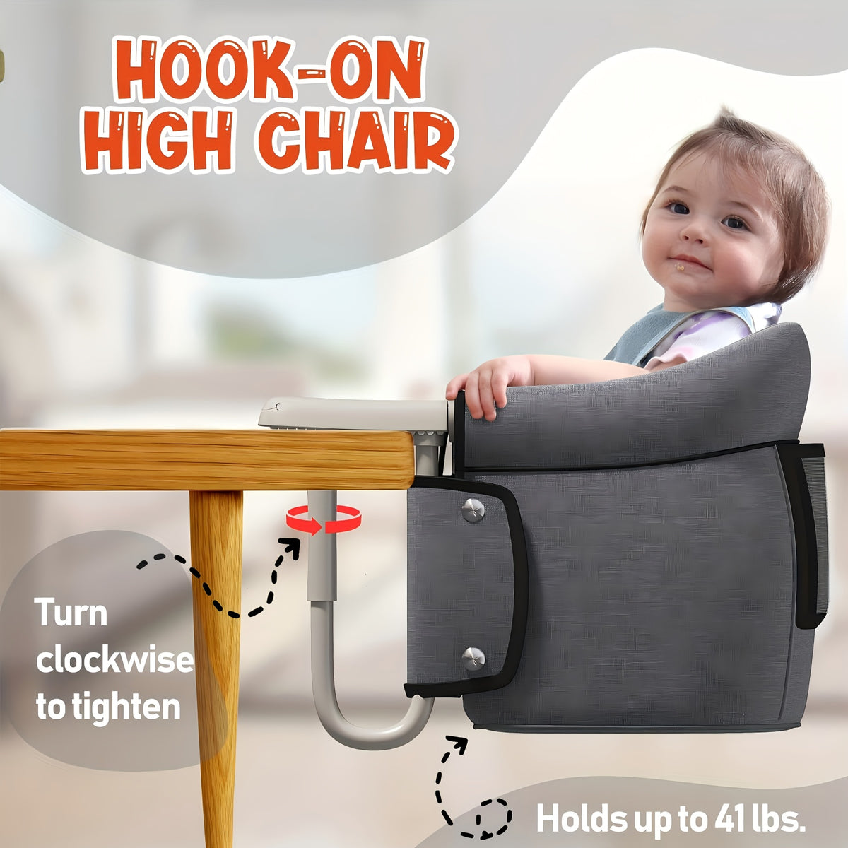 Portable Hook-On High Chair for Babies 6-36 Months, Foldable Table Feeding Seat with 3-Point Harness for Family Meals and Travel