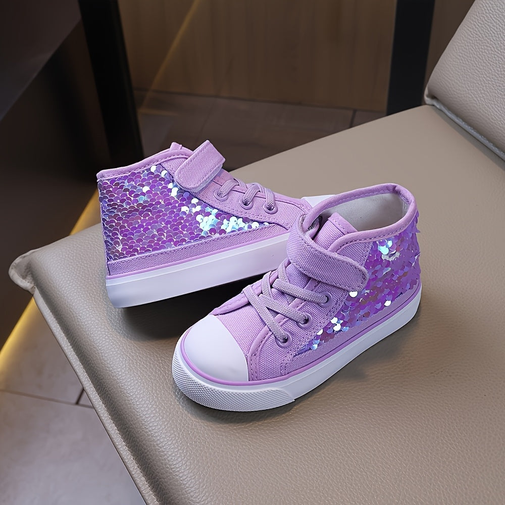 Purple Sequin High-Top Sneakers for Girls with Hook-and-Loop Closure, Lightweight Canvas-Style Casual Shoes for Toddler to Big Kid Everyday Outfits