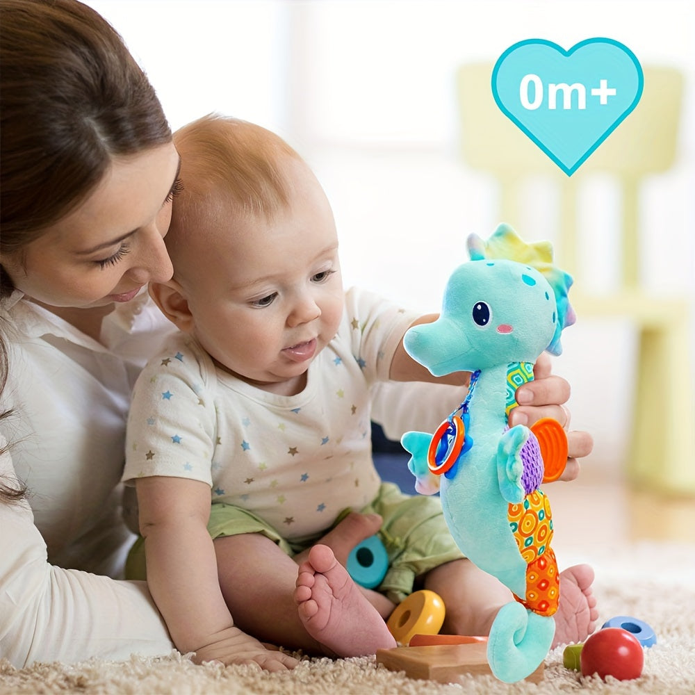 Infant Sensory Plush Toy for 0-6 Months, Soft Stuffed Animal with Crinkle Sounds, Rattle and Multiple Textures, Colorful Baby Gift for Tummy Time Play