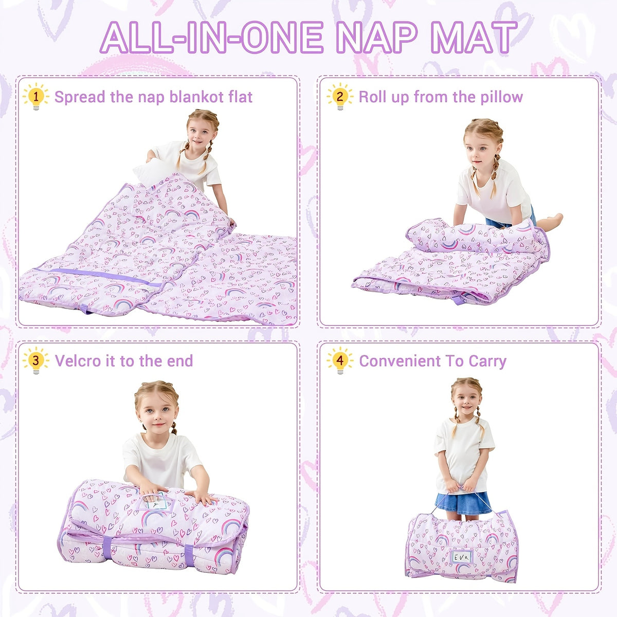 Kids Nap Mat with Pillow and Blanket for Preschool Daycare, Roll-Up Slumber Mat for Boys and Girls, Colorful Prints for Travel and Rest Time