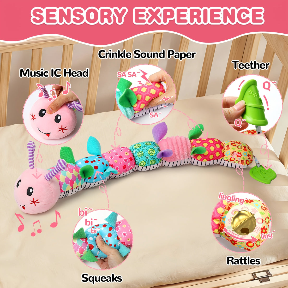 Musical Caterpillar Baby Toy, Plush Sensory Animal with Crinkle Sounds, Rattle and Colorful Textured Segments for Supervised Tummy Time Play
