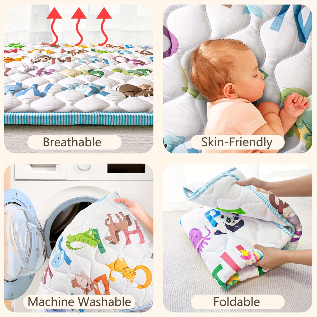 Patterned Baby Floor Mat 50 x 50 Inches, Soft Washable Playpen and Crawling Surface with Anti-Slip Bottom for Tummy Time and Supervised Indoor Play