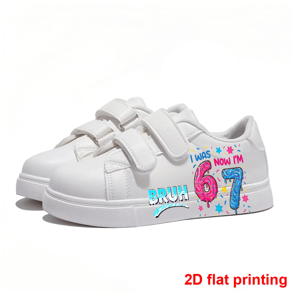 Kids Birthday Sneakers with I Was 6 Now I'm 7 Print, White Low-Top Triple-Strap Cartoon Shoes for Boys and Girls, Party Outfits and Everyday Casual Wear