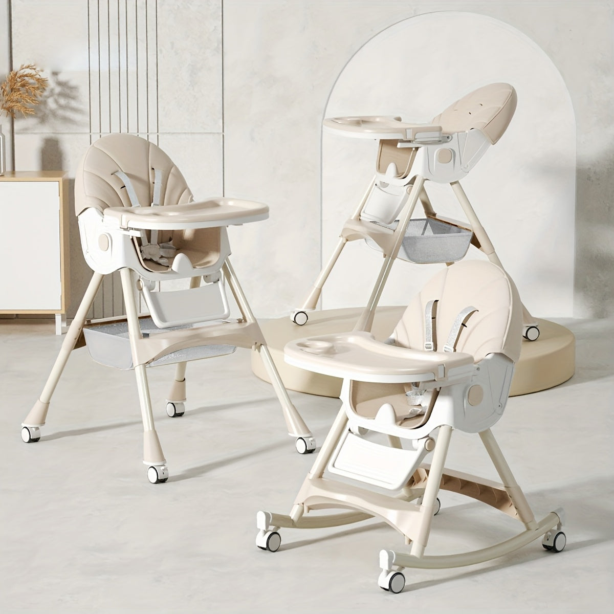 Convertible Baby Feeding Chair with Tray, Adjustable Folding High Chair with Padded Seat and Rocking Configuration for Home Mealtimes