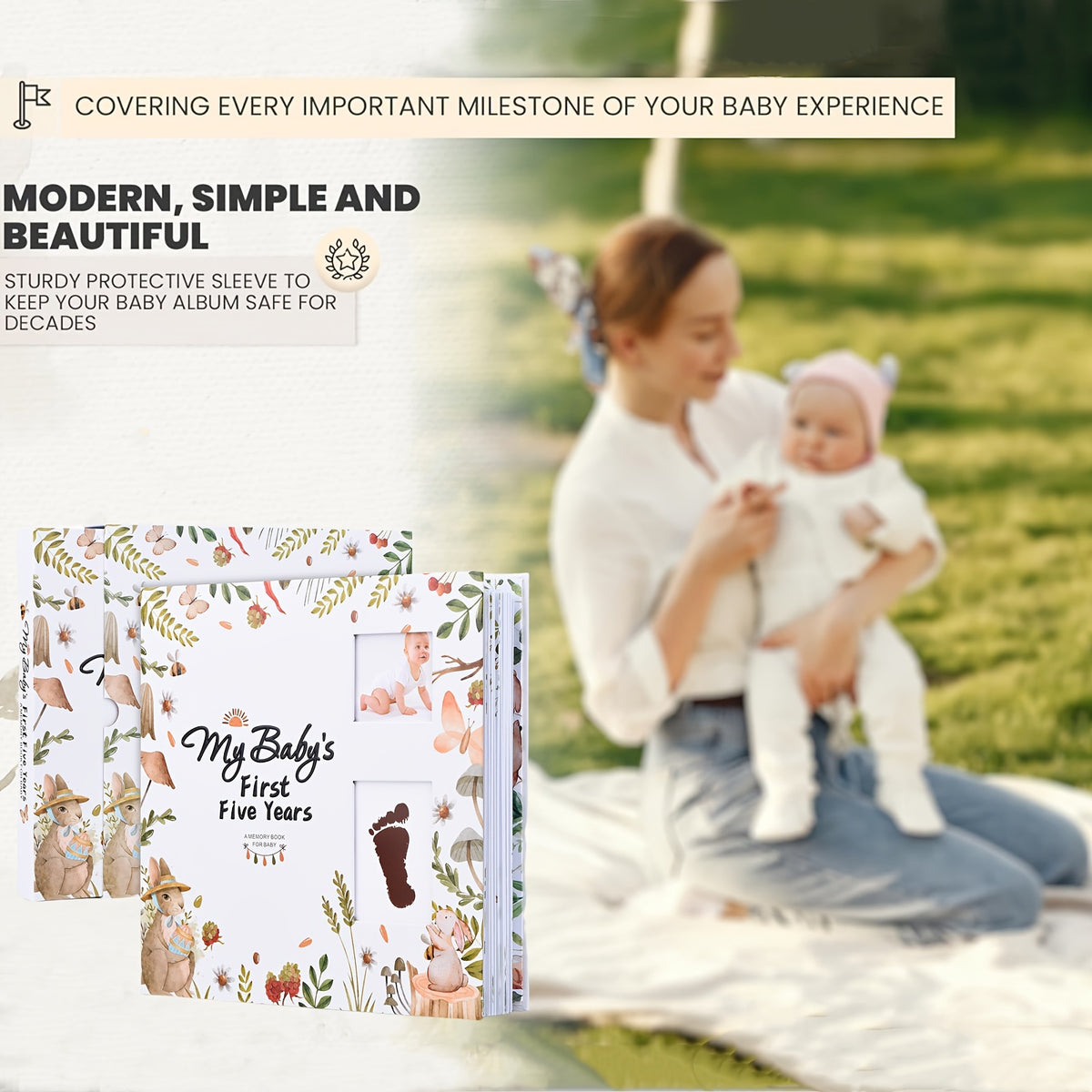Baby Memory Book for First 5 Years, 124-Page Gender-Neutral Woodland Milestone Journal with Photo Spaces, Gold Foil Cover and Lay-Flat Binding