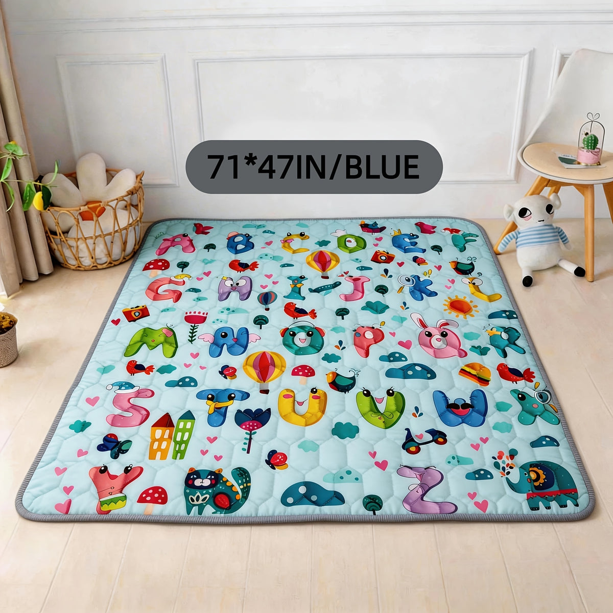 Animal Alphabet Baby Play Mat, Soft Non-Slip Foldable Crawling Floor Mat for Supervised Tummy Time, Machine Washable with Multiple Size Options