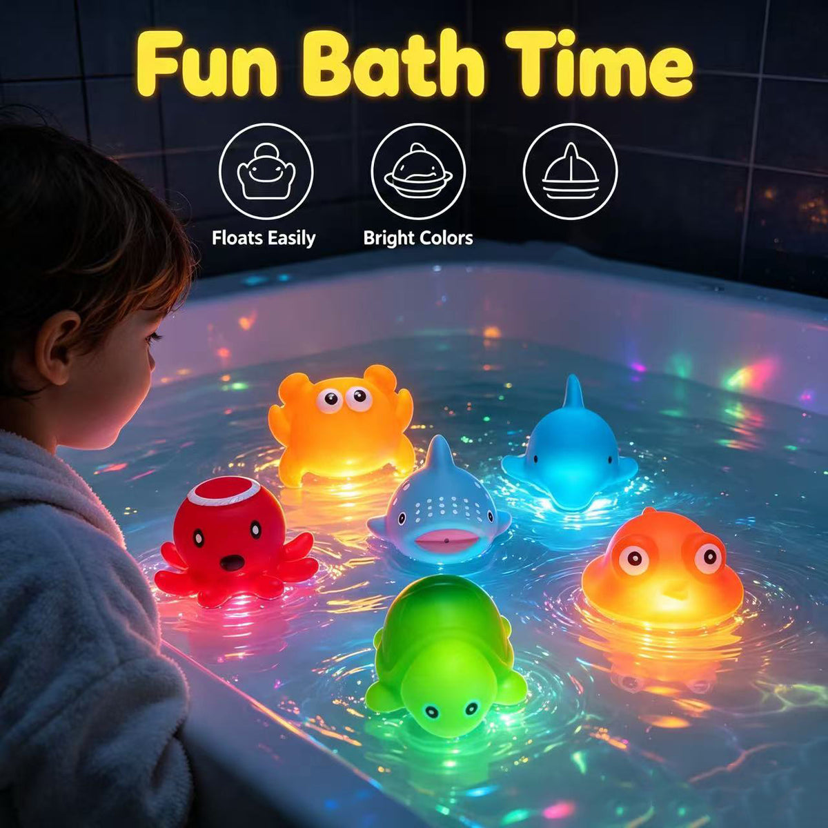Light Up Sea Animal Bath Toys, 2-Piece No-Hole Floating Bathtub Toy Set with Colorful Glitter for Kids' Bath Time, Random Colors