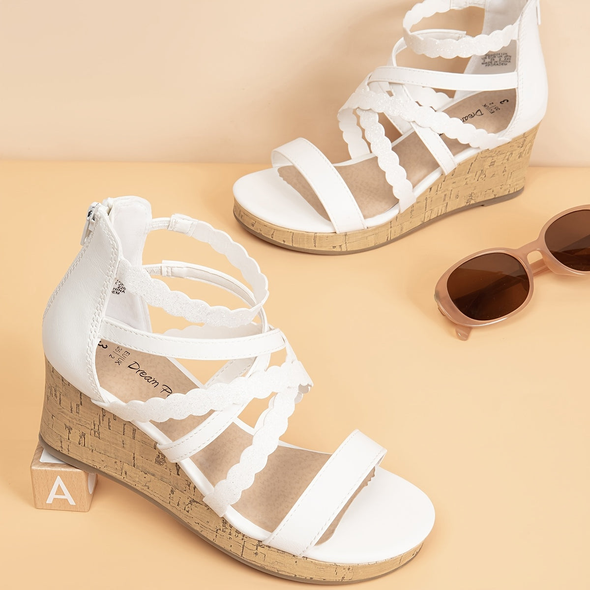 Girls Wedge Dress Sandals with Flower Detail and Shimmering Straps, Open Toe Zip-Back Party and Wedding Shoes for Little Kids and Big Kids