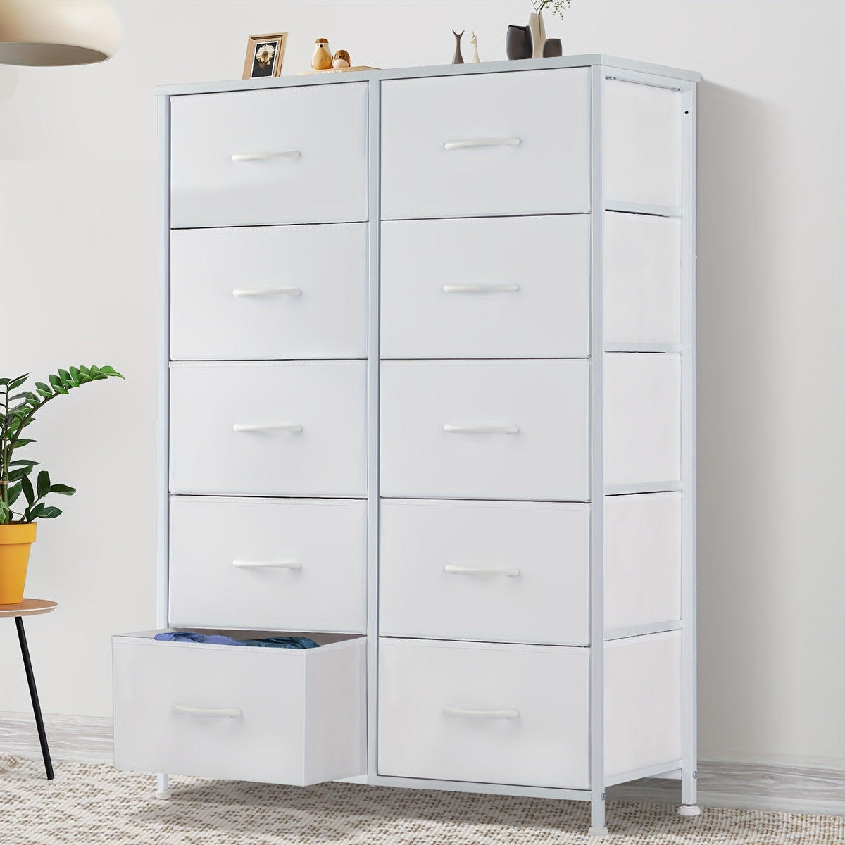 Fabric Drawer Dresser for Bedroom Storage with Metal Frame and Wood Tabletop, 9 or 10 Drawer Closet Organizer Tower for Clothes, Living Room or Entryway