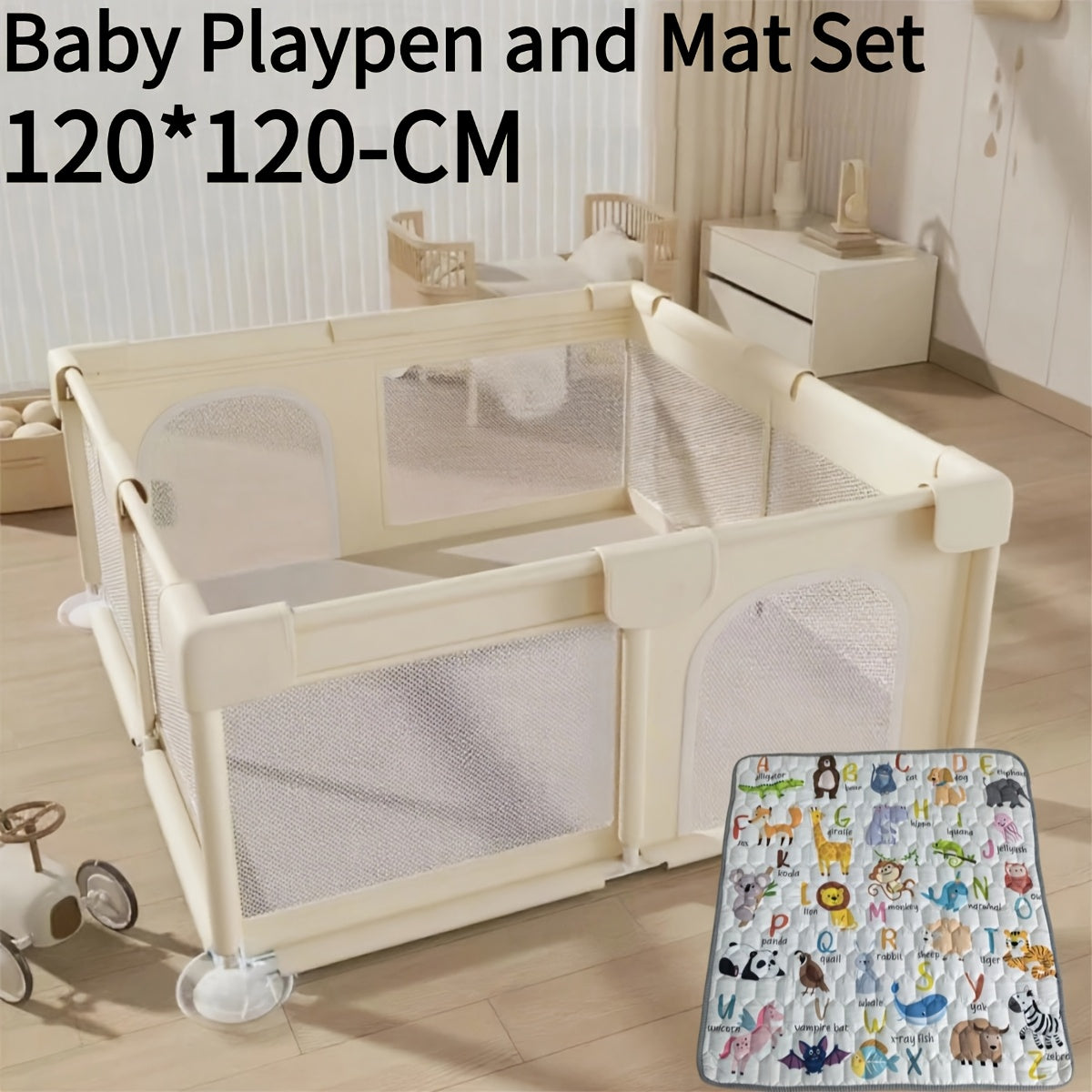 Baby Playpen Fence with Soft Breathable Mesh, Indoor Outdoor Kids Activity Enclosure in Gray or Beige with Size and Mat Bundle Options