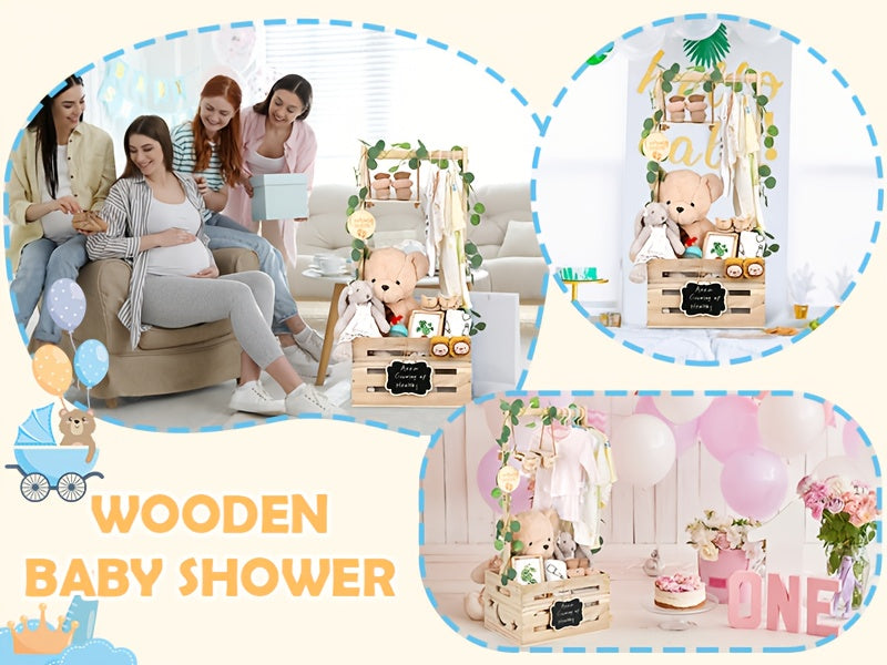 Wooden Baby Shower Gift Crate with Handle, Large 4-in-1 Assembly Basket for Pregnancy and New Parent Gift Displays and Keepsake Storage
