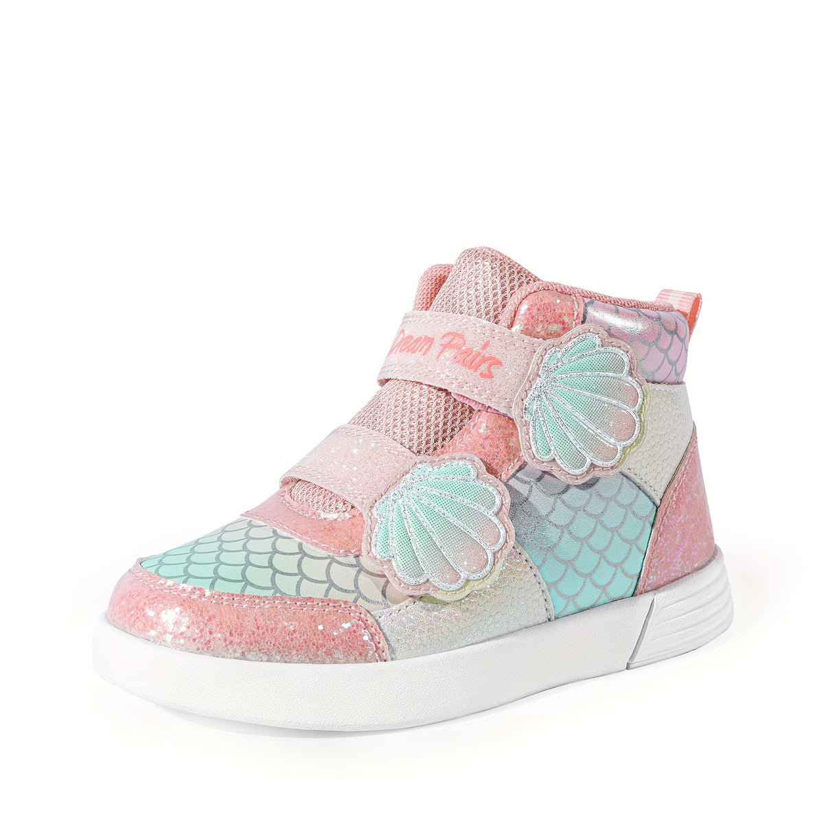 Girls Shell-Pattern High-Top Sneakers with Shiny Detail, Casual Walking Shoes for Toddlers and Little Kids in Pink, Lavender or White