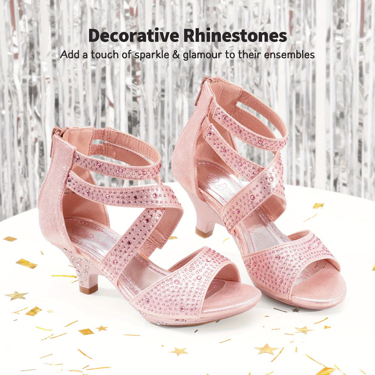 Girls Rhinestone Low Heel Sandals with Strappy Open Toe Design | Dress Shoes for Toddlers and Kids, Parties and Special Occasions