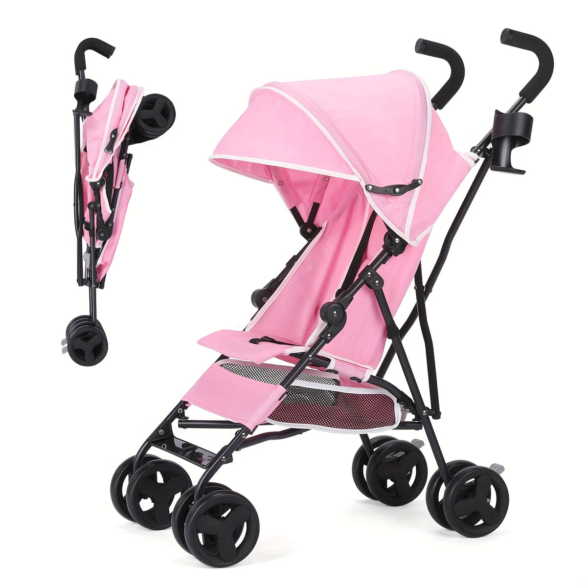 Compact Umbrella Stroller with Reclining Seat, Lightweight Folding Travel Pushchair with Canopy and Pop-Out Sun Visor in Pink or Gray