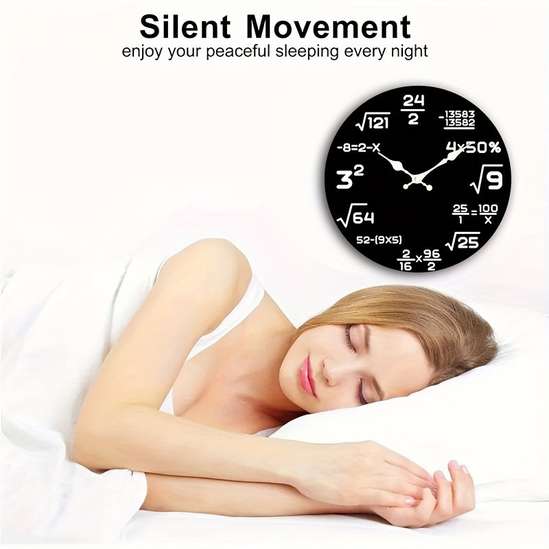 Math Wall Clock 12 Inch Round with Number-Themed 2D Flat Face, Silent Quartz Battery-Operated Decorative Clock for Bedroom or Office