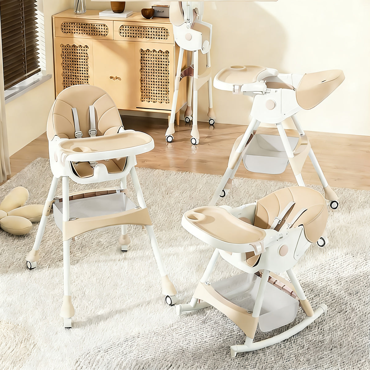 Double Tray Baby High Chair, Adjustable PU Leather Dining Seat with Five-Point Harness and Detachable Two-Layer Tray for Home Mealtimes