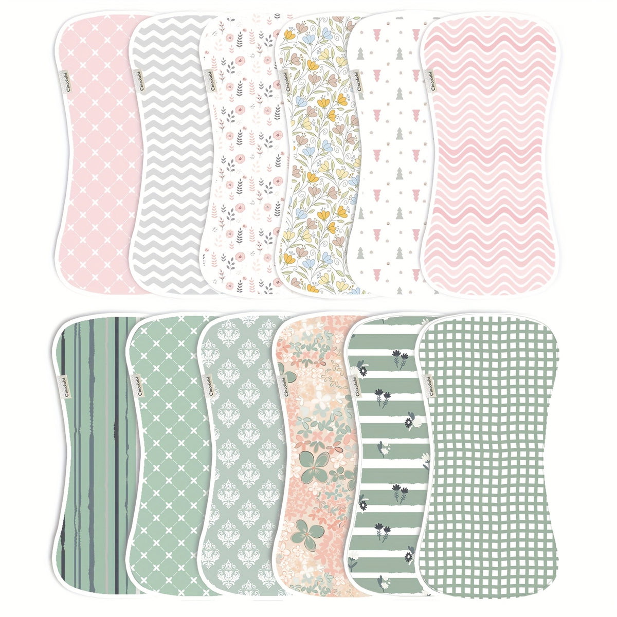 Newborn Burp Cloths 6-Pack, Soft Breathable Contoured Spit-Up Cloth Set with Cartoon Prints for Baby Boys and Girls and Everyday Feeding