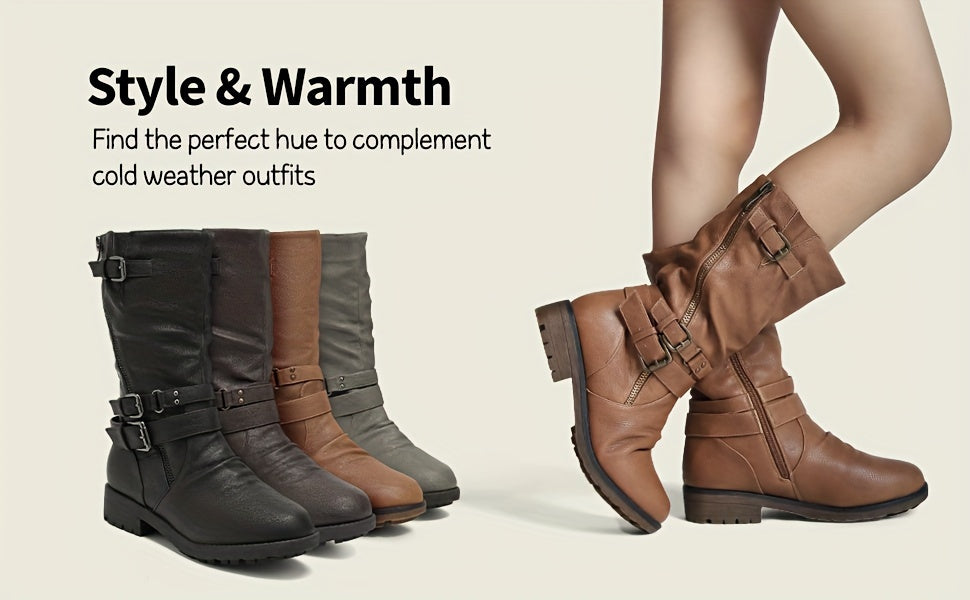 Buckle-Zip Knee-High Winter Boots for Girls - Plush Faux Fur Lined, Textured TPR Sole with Stable Heel, Cozy Warm Fashion Boots for Cold Weather, Toddler to Big Kid