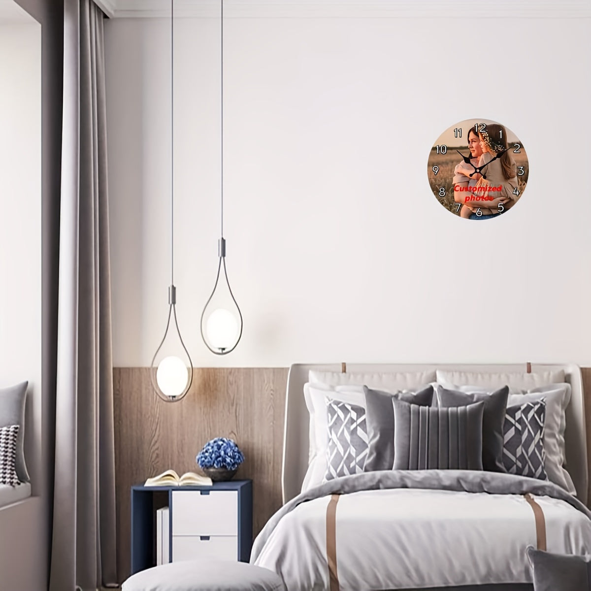 Personalized Nursery Photo Wall Clock with Silent Non-Ticking Design, Round 12-Inch Custom Picture Display and Wood Frame for Baby Room Decor