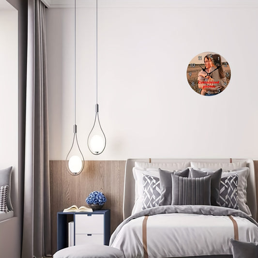 Personalized Nursery Photo Wall Clock with Silent Non-Ticking Design, Round 12-Inch Custom Picture Display and Wood Frame for Baby Room Decor