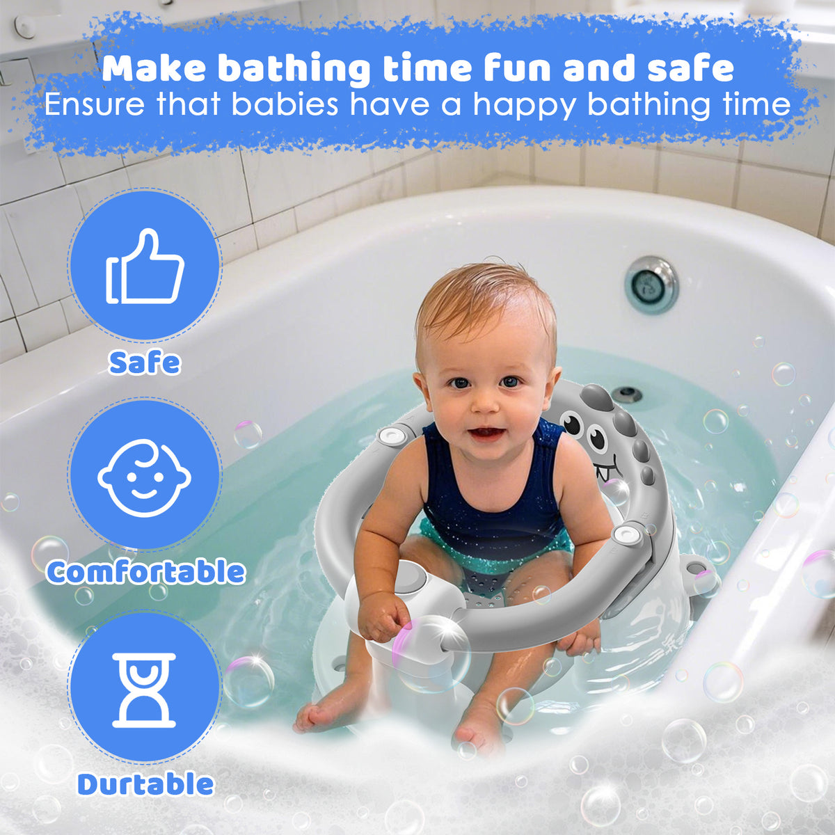 Dinosaur Infant Bath Chair with Soft Cushion and Suction Cups, Non-Slip Baby Bath Seat for Independently Sitting Babies 6 Months and Up with Adult Supervision