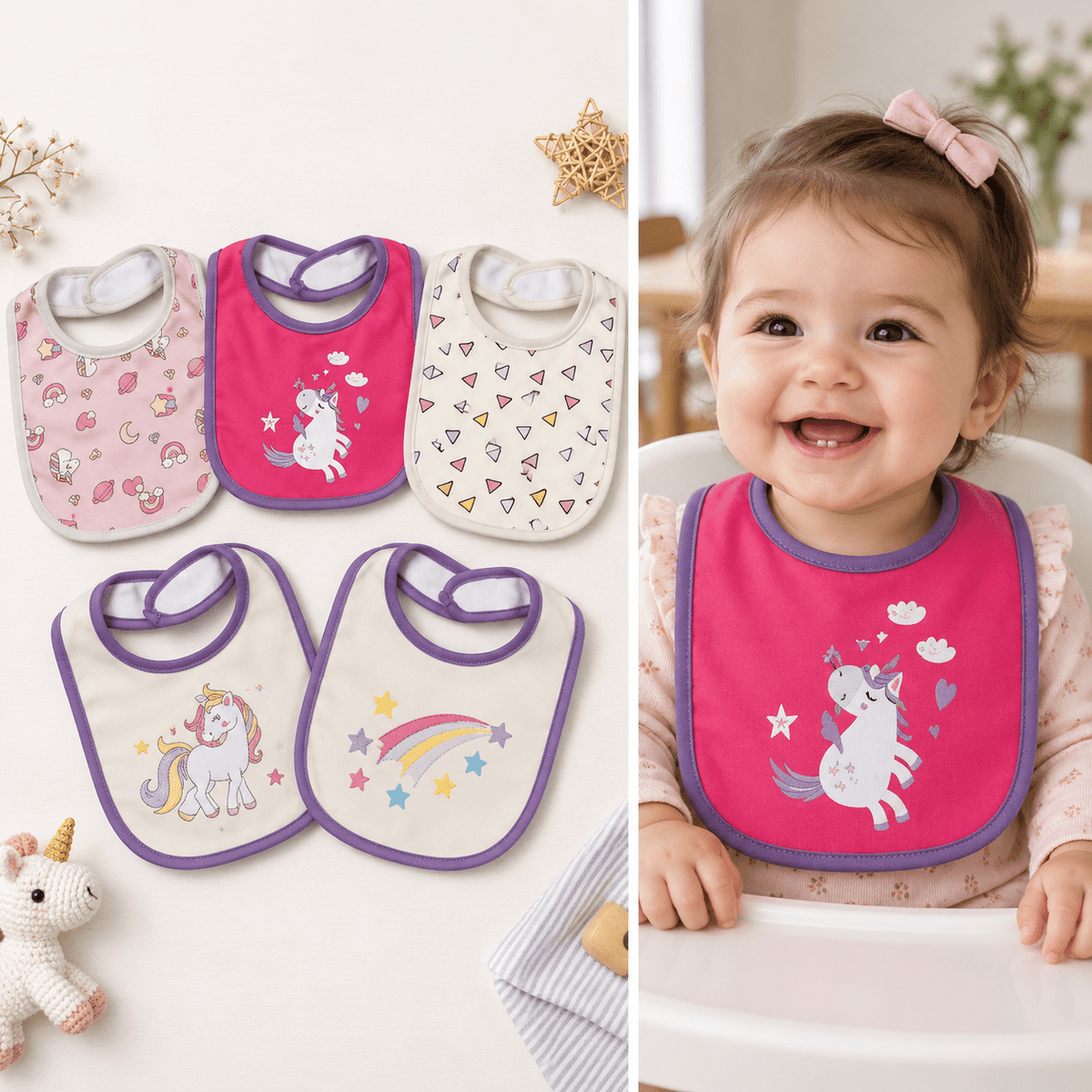 Double-Layer Cotton Baby Bibs 5-Pack with Cartoon Designs, Absorbent Adjustable Feeding Bib Set for Boys and Girls Ages 0ā3 Years