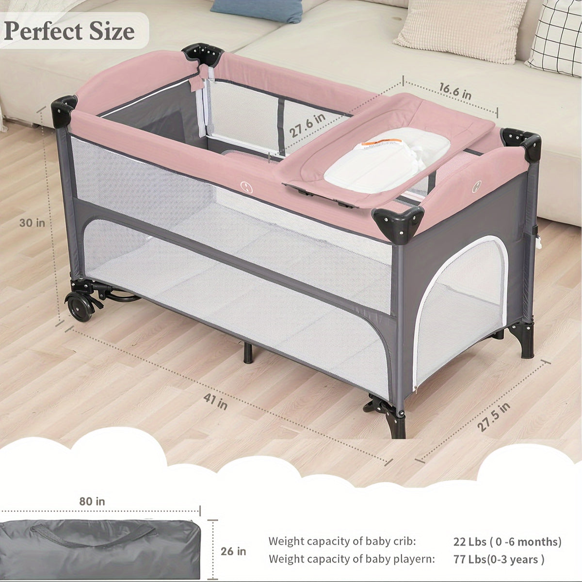 Foldable Baby Bassinet with Diaper Changing Station, 5-in-1 Infant Sleeper and Crib-Style Setup with Mattress Storage in Pink