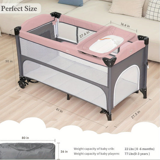 Foldable Baby Bassinet with Diaper Changing Station, 5-in-1 Infant Sleeper and Crib-Style Setup with Mattress Storage in Pink