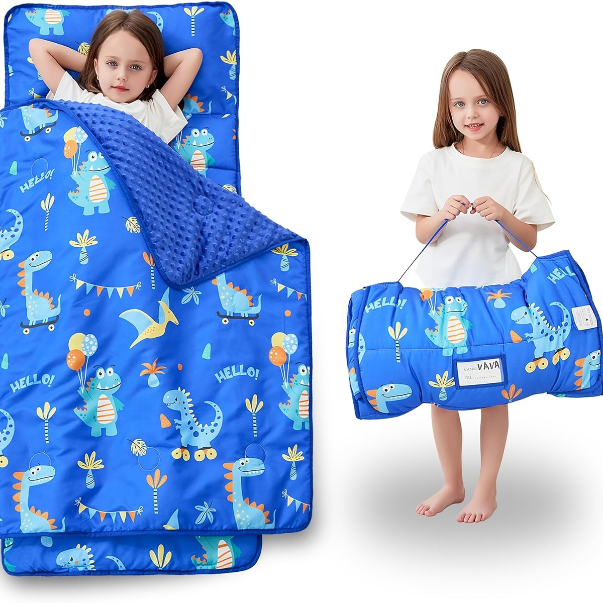 Kids Nap Mat with Pillow and Blanket for Preschool Daycare, Roll-Up Slumber Mat for Boys and Girls, Colorful Prints for Travel and Rest Time
