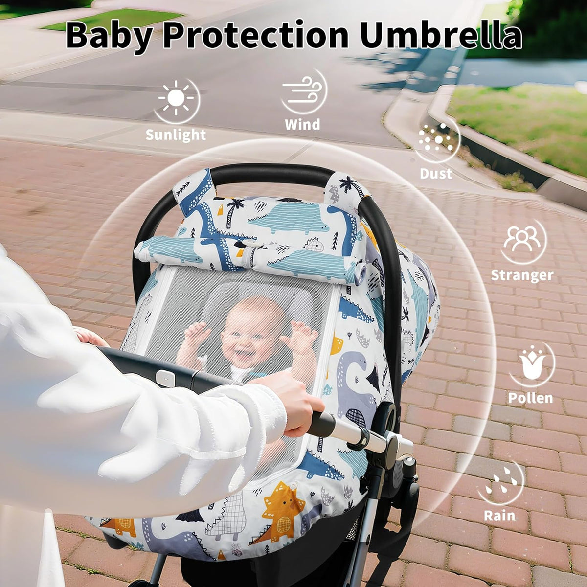 Blue Dinosaur Baby Car Seat Canopy Cover, Lightweight Infant Carrier Shade with Two-Layer Mesh Windows for Supervised Stroller Outings and Travel