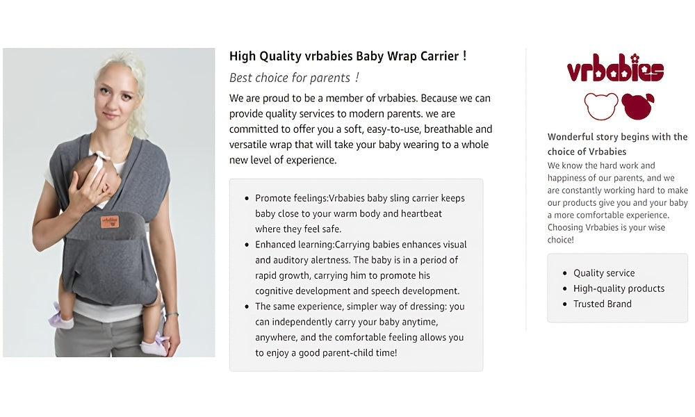 Soft Baby Wrap Carrier Sling for Newborns and Toddlers, Skin-Friendly Front Carry Wrap by Vrbabies for Everyday Babywearing and Parent Gifts