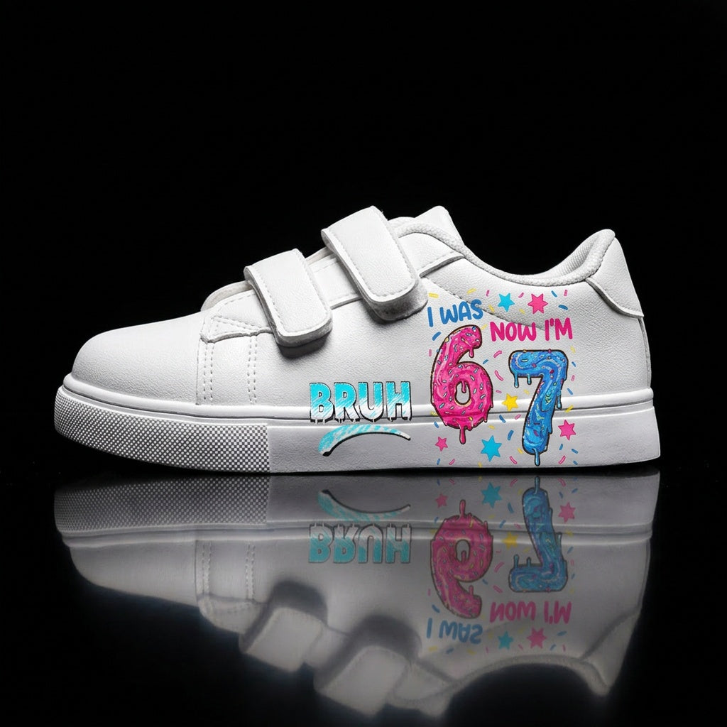 Kids Birthday Sneakers with I Was 6 Now I'm 7 Print, White Low-Top Triple-Strap Cartoon Shoes for Boys and Girls, Party Outfits and Everyday Casual Wear