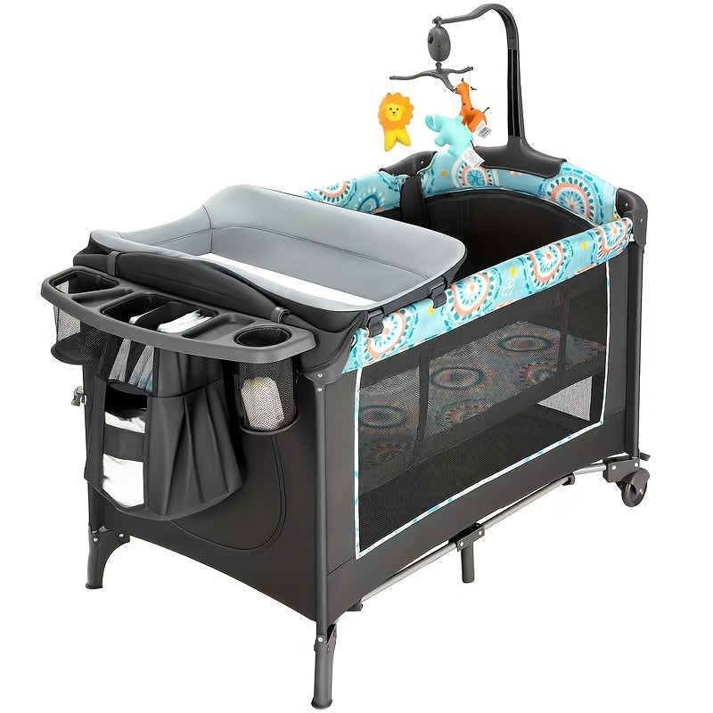 5-in-1 Pack and Play Baby Crib with Detachable Changing Table, Includes Mattress, Storage, Music, and 3 Adjustable Heights, Portable Large Playard for Newborn Baby, Supports Up to 19 Pounds