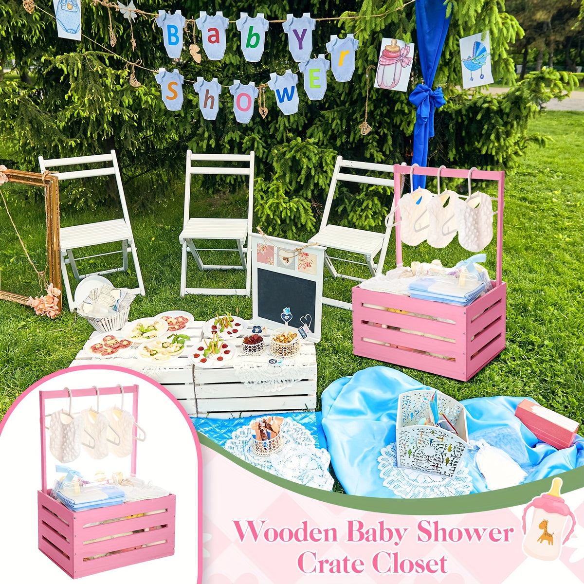Wood Shower Storage Crate with Handle - Multi-Use Baby Shower Gift Basket & Diaper Storage Organizer, Solid Wood Keepsake Box for Onesies, Diapers and Samples, Gender Reveal Party Gift (Pink & Classic)