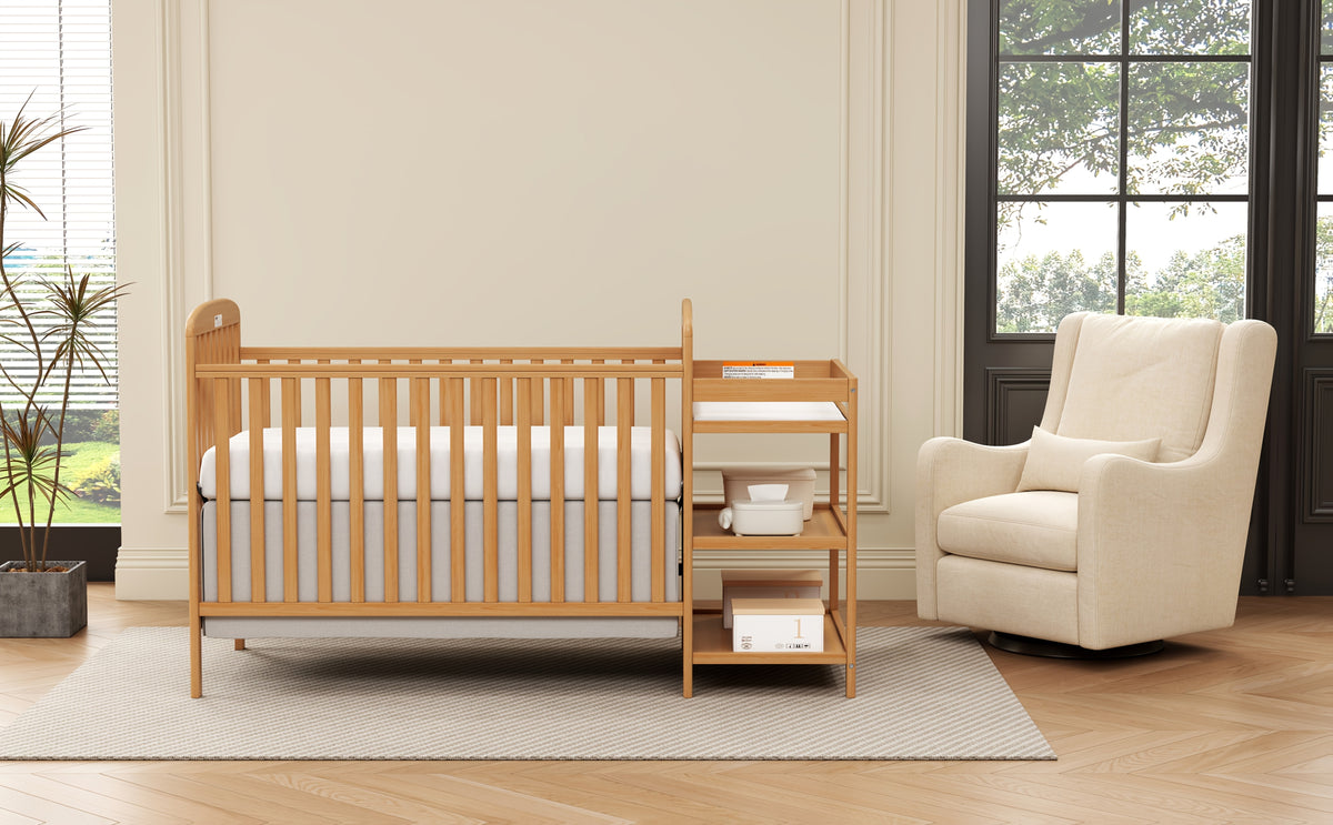 Baby Crib with Changing Table, Goldzone 4-in-1 Convertible Wooden Nursery Crib with Four Mattress Heights, Two Storage Shelves and Toddler Bed Conversion, White