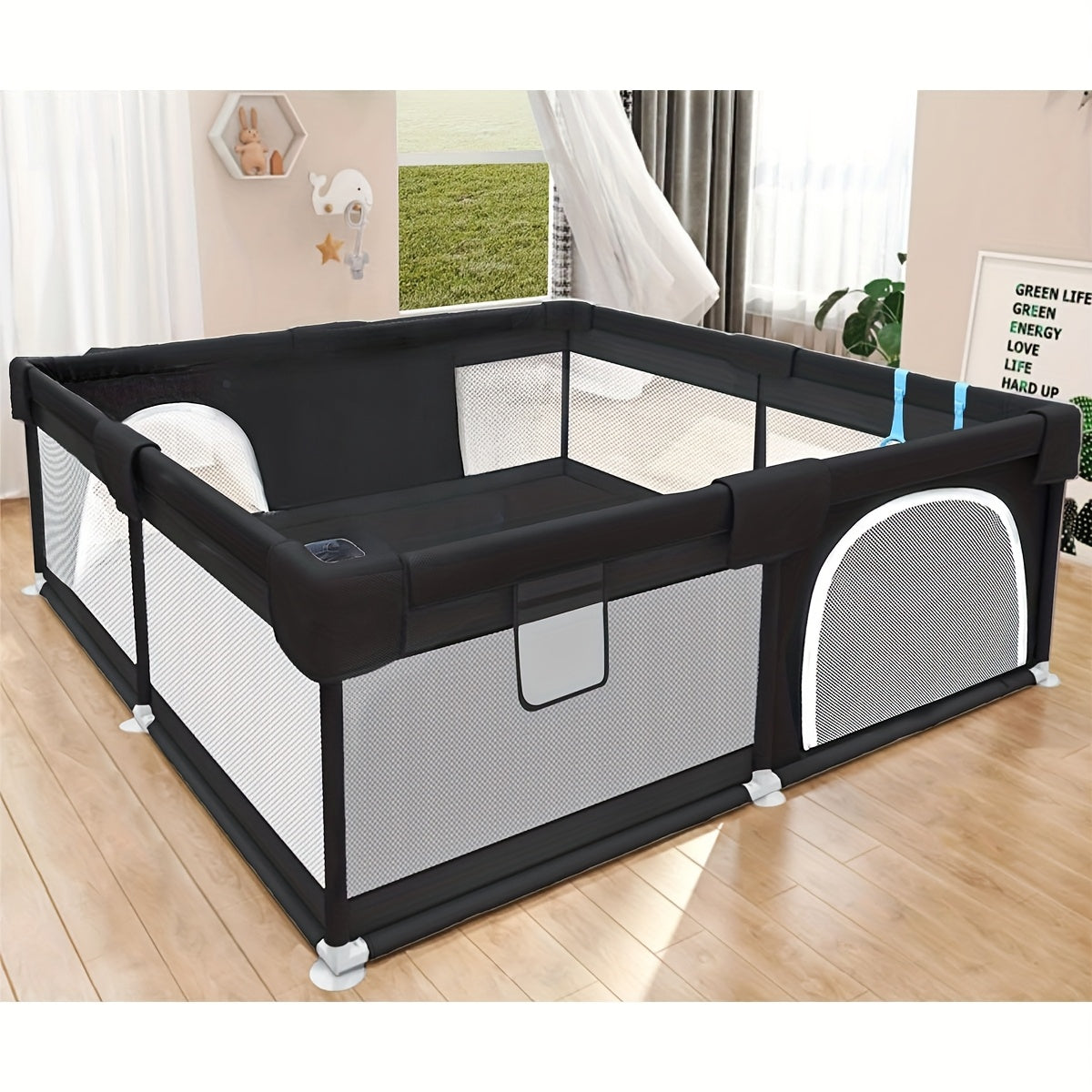 47 x 47 Inch Baby Playpen for Indoor and Outdoor Activity, Black Mesh Play Yard Fence for Babies and Toddlers with Soft Fabric Sides