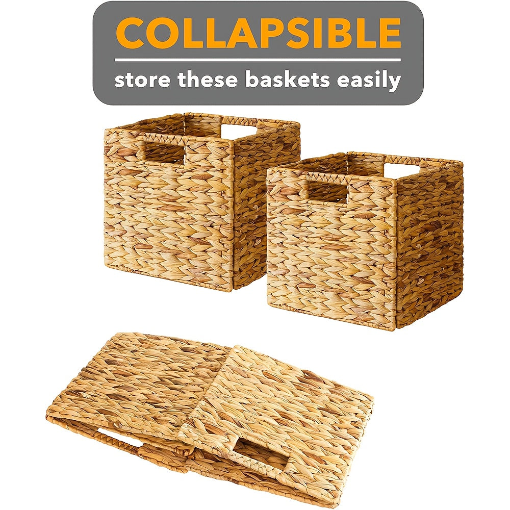 Handwoven Water Hyacinth Cube Storage Basket, Foldable 11 x 11 Inch Organizer for Shelves, Laundry and Everyday Home Clutter with Pack Options
