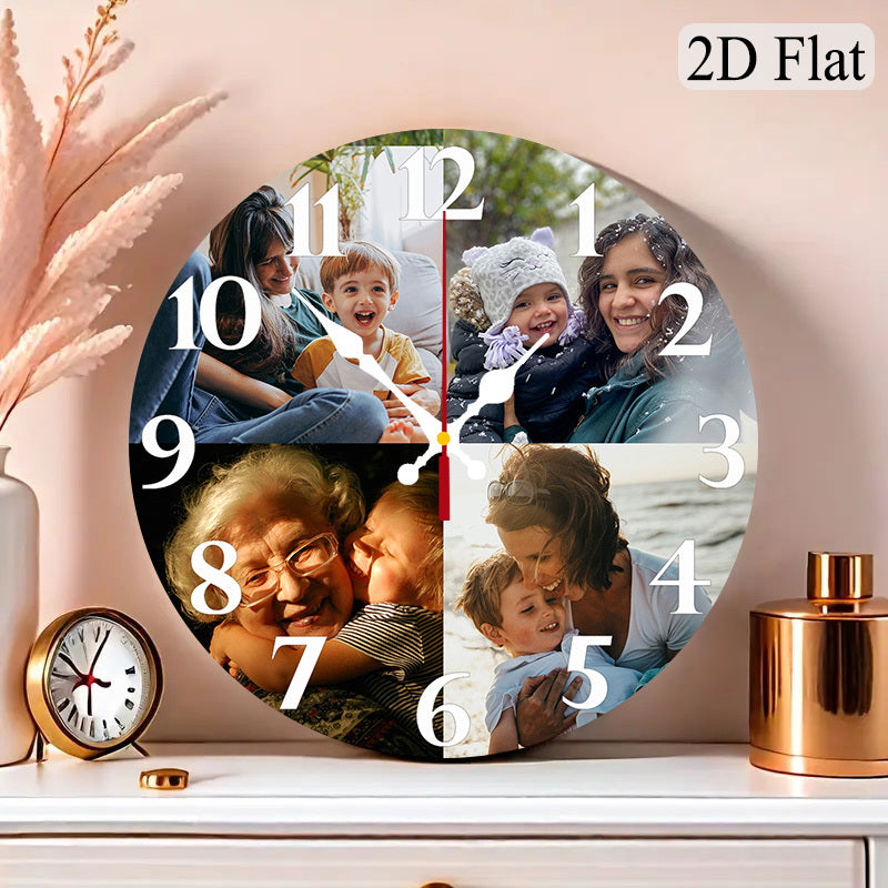 Quartz Photo Wall Clock for Nursery with Personalized Picture Panel, Silent Round 12-Inch Analog Timepiece with Artificial Wood Frame for Room Decor